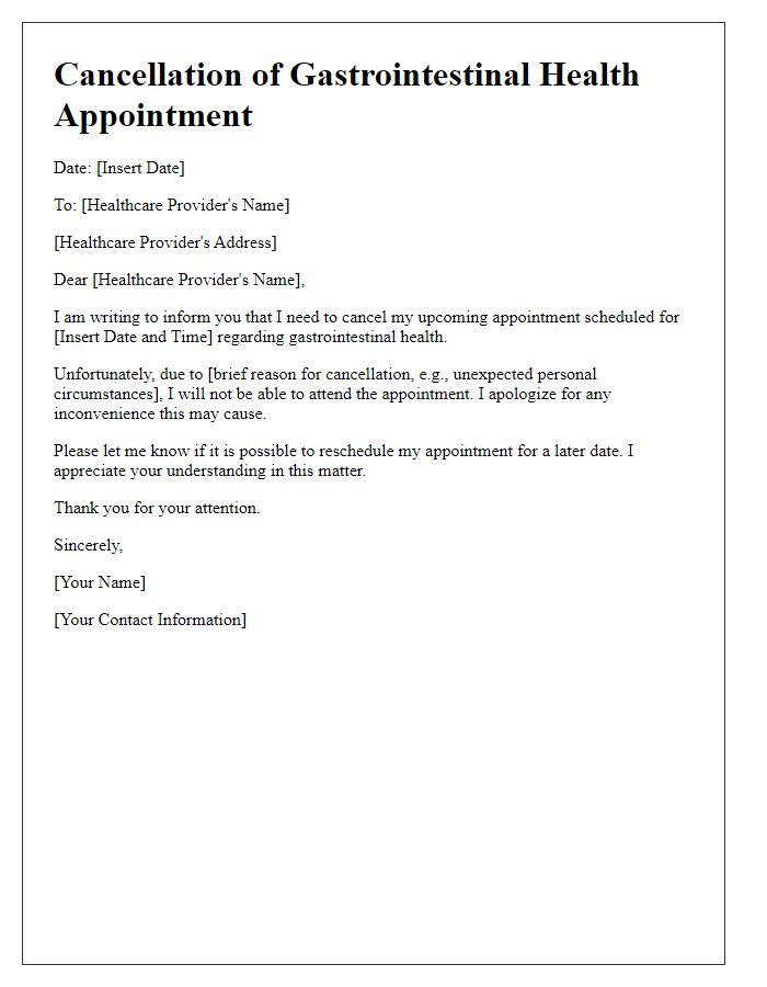 Letter template of cancellation for gastrointestinal health appointment.