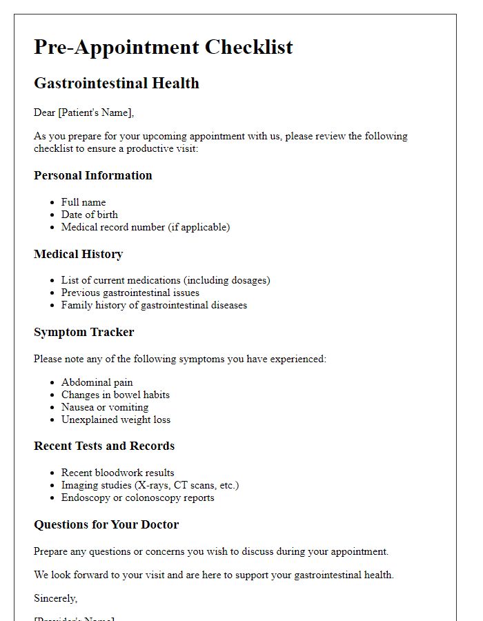 Letter template of pre-appointment checklist for gastrointestinal health.