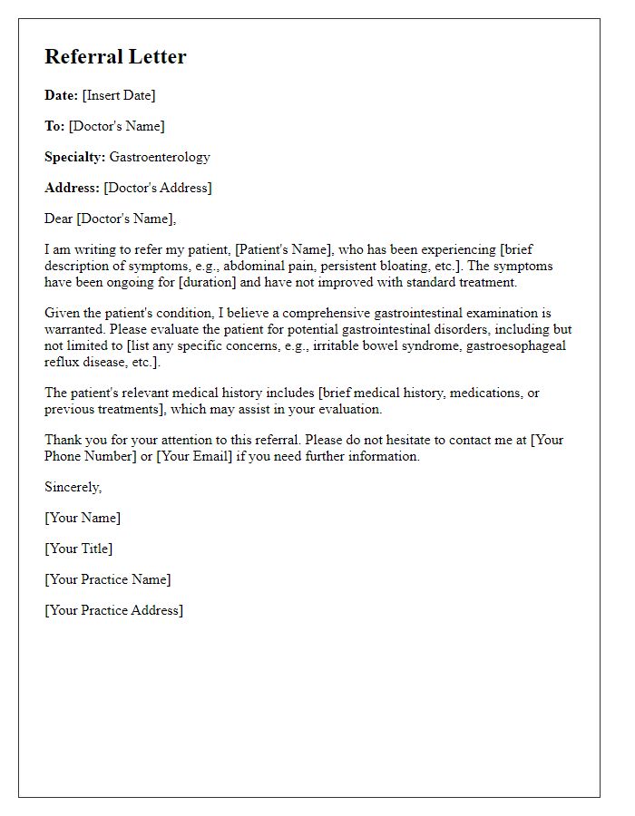 Letter template of referral for gastrointestinal health examination.