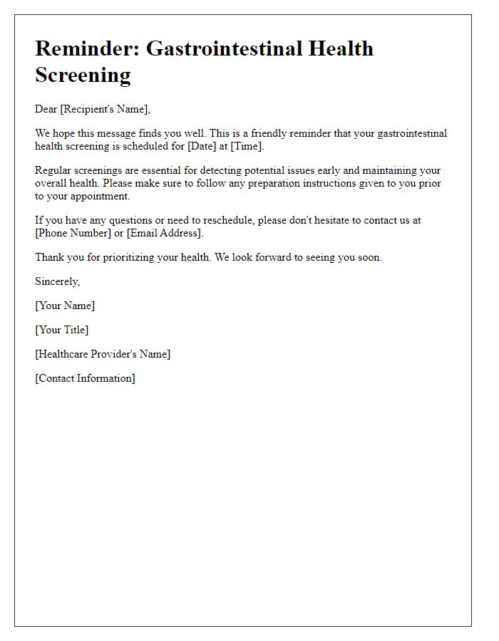 Letter template of reminder for gastrointestinal health screening.