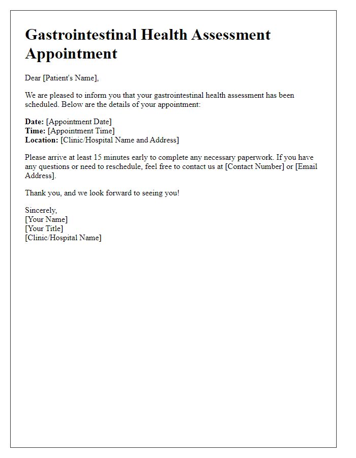 Letter template of scheduling a gastrointestinal health assessment.