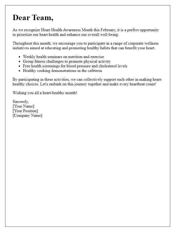 Letter template of heart health awareness month for corporate wellness initiatives.