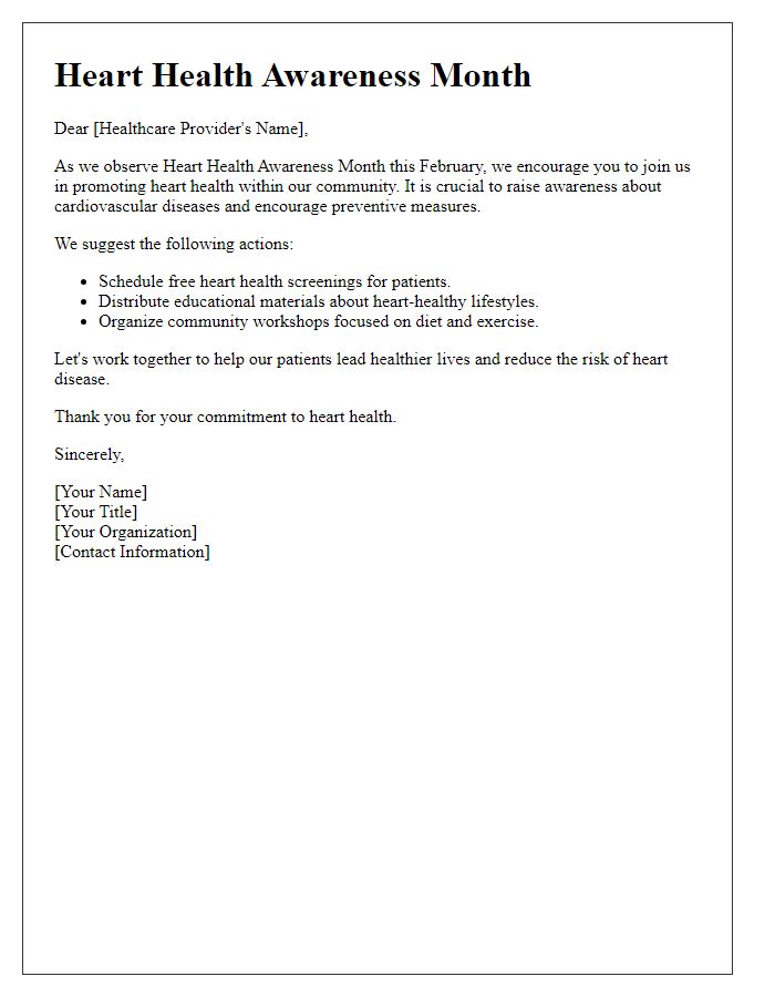 Letter template of heart health awareness month for healthcare provider communication.