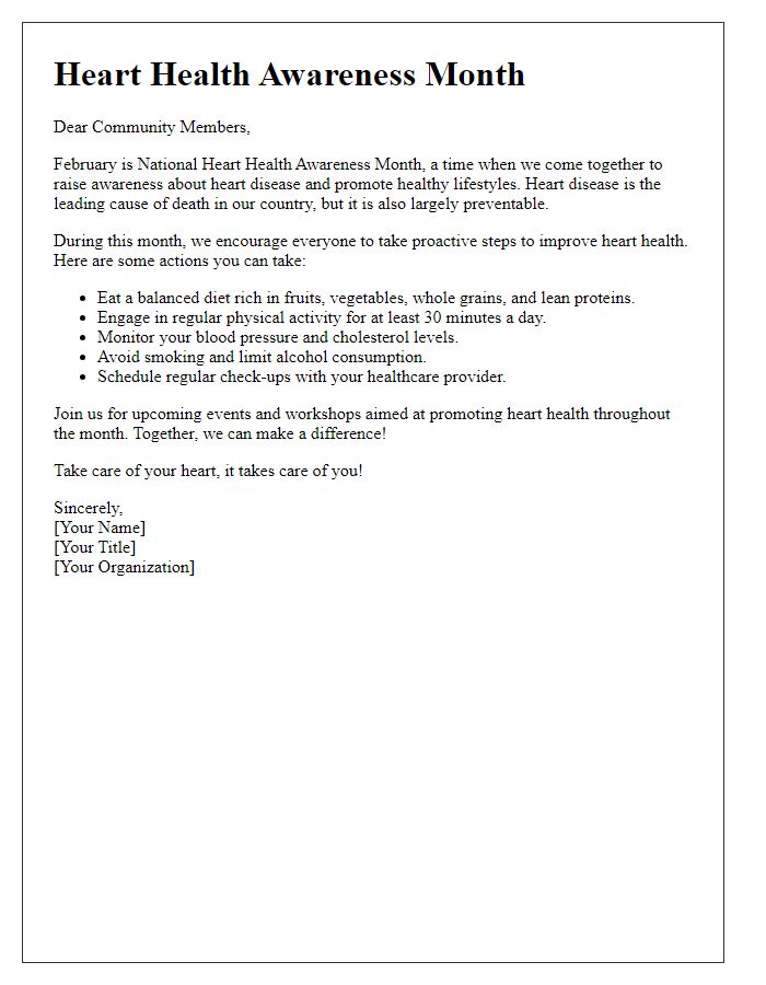 Letter template of heart health awareness month for public health announcements.