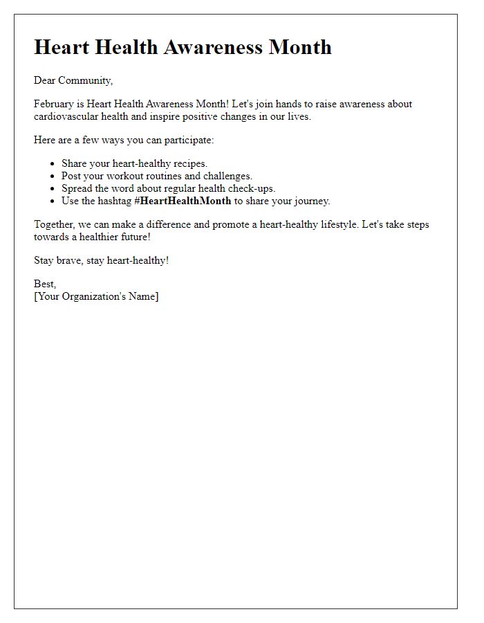 Letter template of heart health awareness month for social media campaigns.