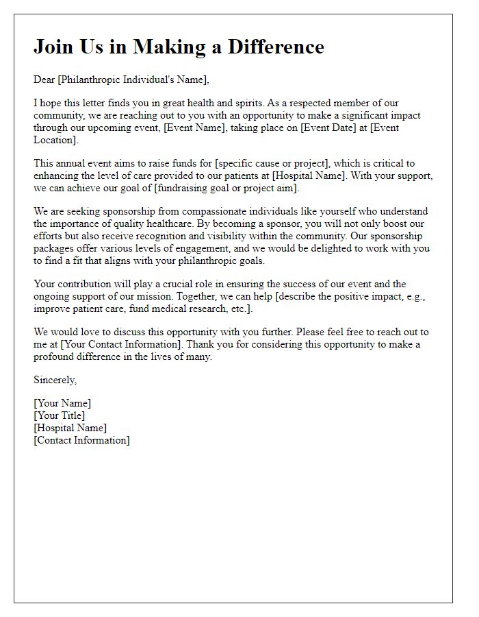 Letter template of hospital event sponsorship appeal for philanthropic individuals