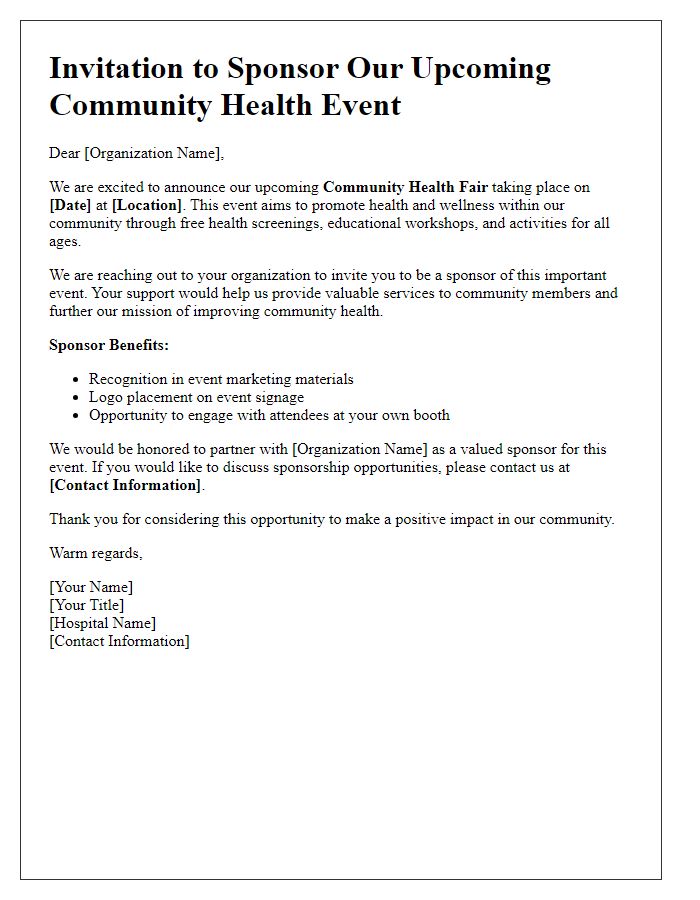 Letter template of hospital event sponsorship invitation for community organizations