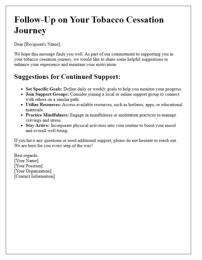 Letter template of follow-up suggestions for ongoing tobacco cessation support