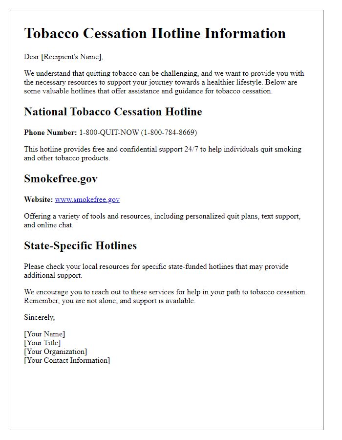 Letter template of information on tobacco cessation hotlines