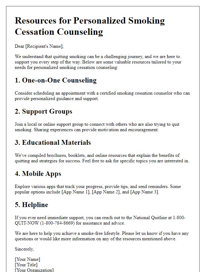 Letter template of resources for personalized smoking cessation counseling