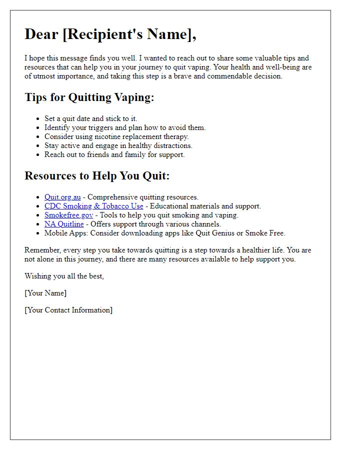 Letter template of tips and resources for quitting vaping