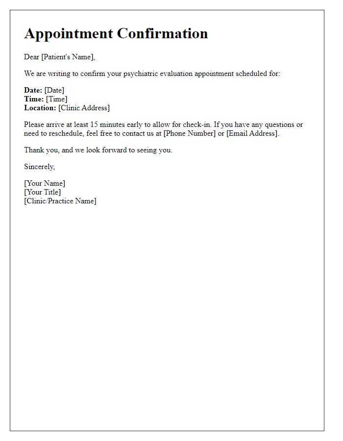 Letter template of confirmation for psychiatric evaluation appointment