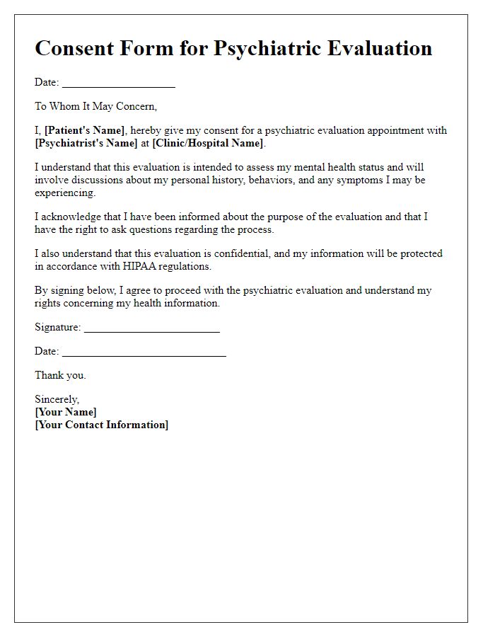 Letter template of consent form for psychiatric evaluation appointment