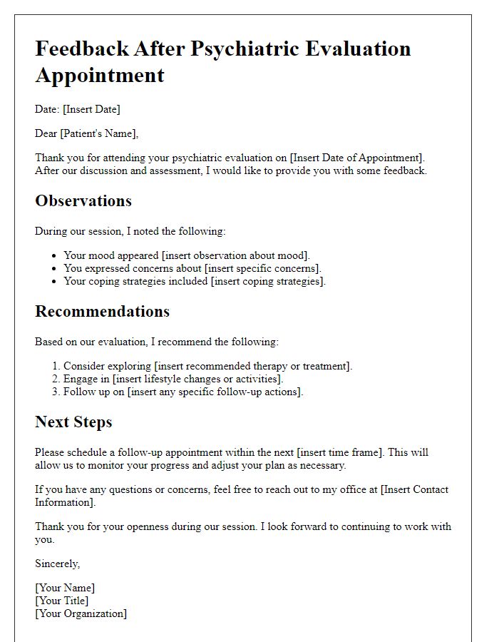 Letter template of feedback after psychiatric evaluation appointment