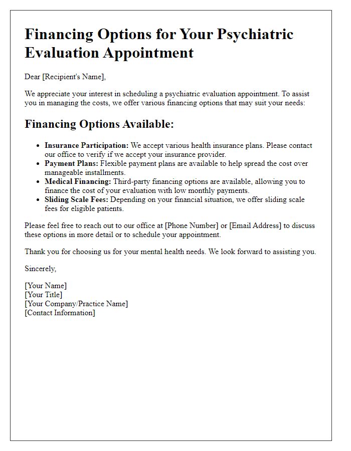 Letter template of financing options for psychiatric evaluation appointment