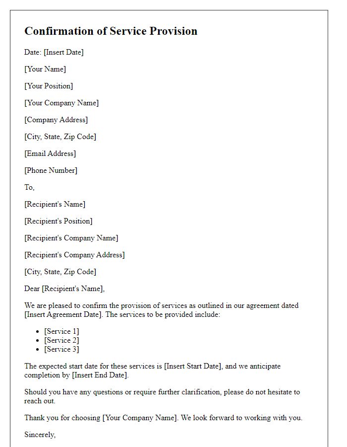 Letter template of Confirmation of Service Provision