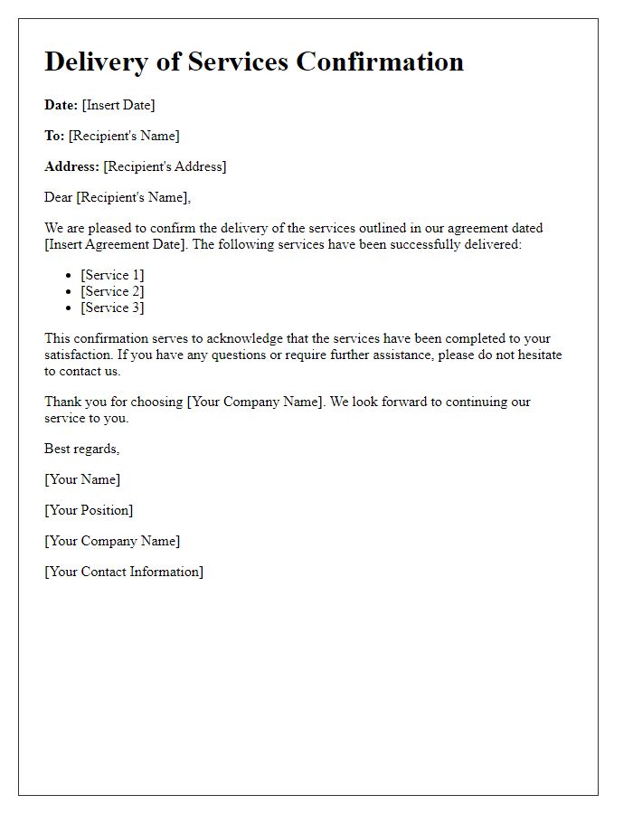 Letter template of Delivery of Services Confirmation