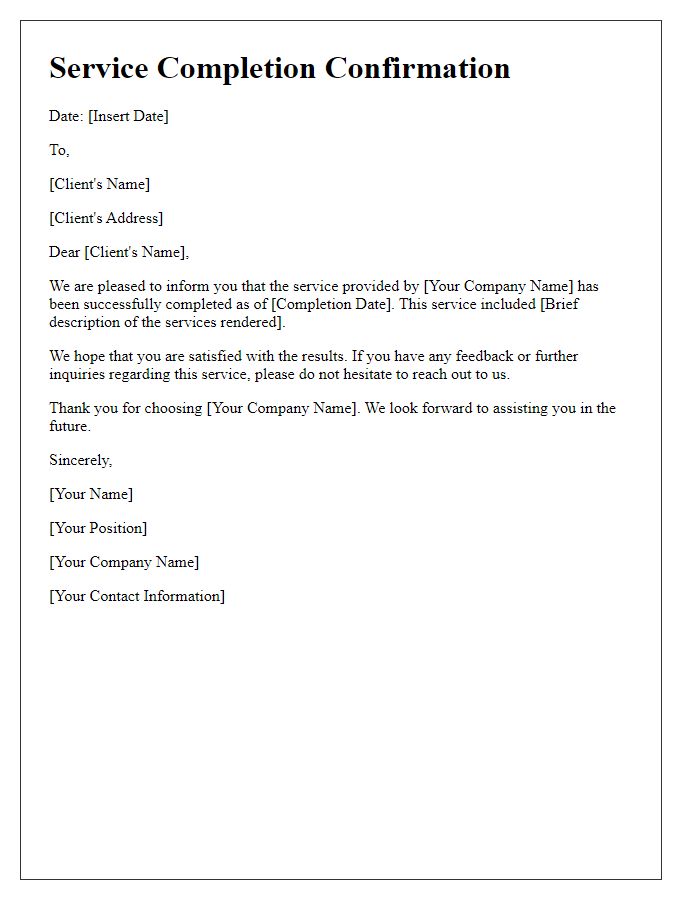 Letter template of Service Completion Confirmation