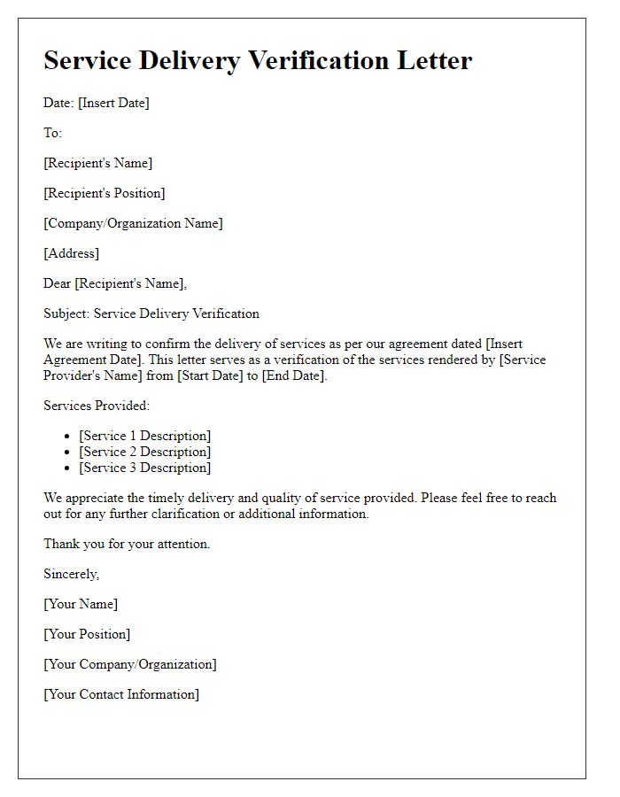 Letter template of Service Delivery Verification