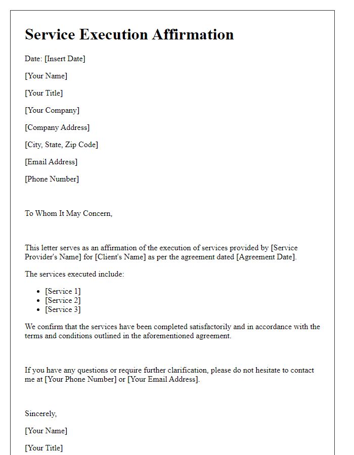 Letter template of Service Execution Affirmation