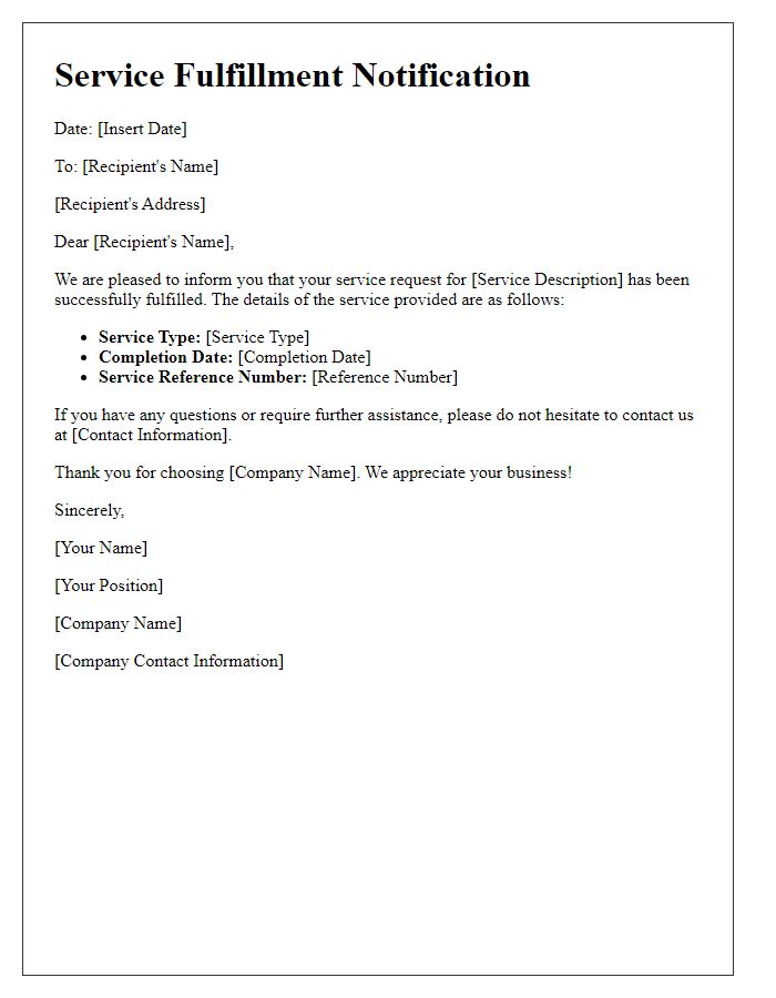 Letter template of Service Fulfillment Notification