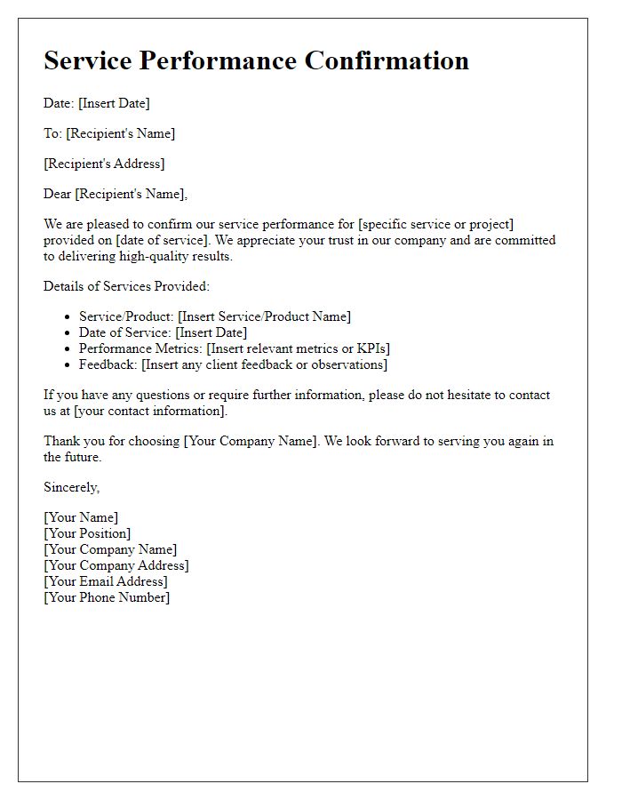 Letter template of Service Performance Confirmation