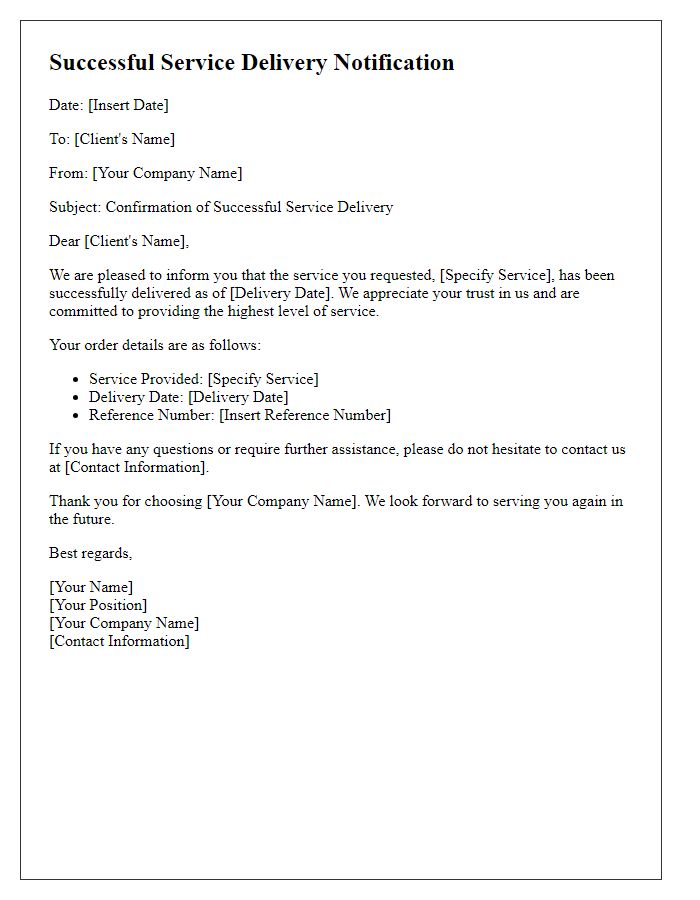 Letter template of Successful Service Delivery Notification