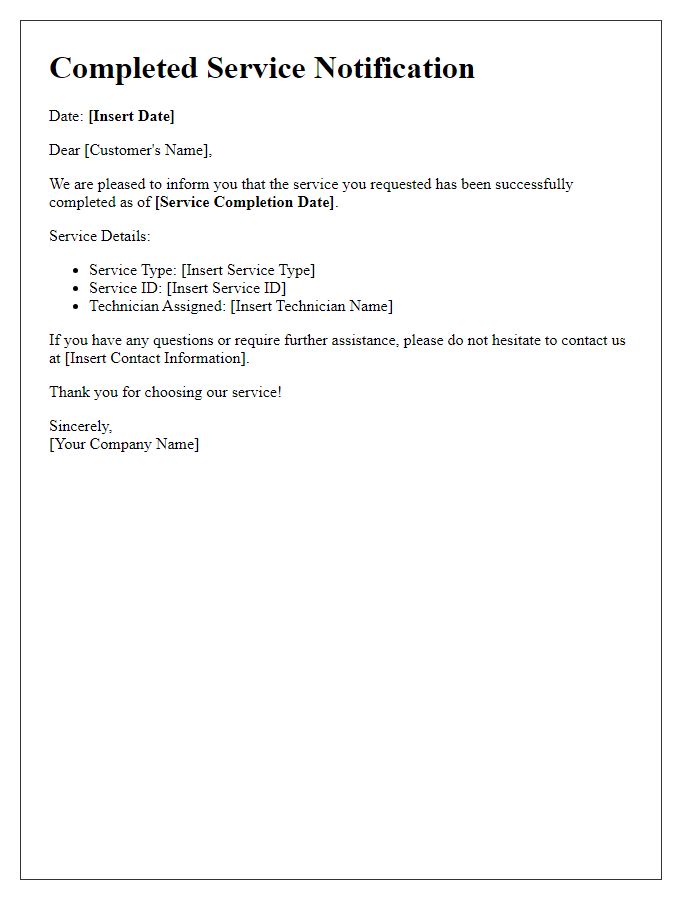 Letter template of completed service notification.