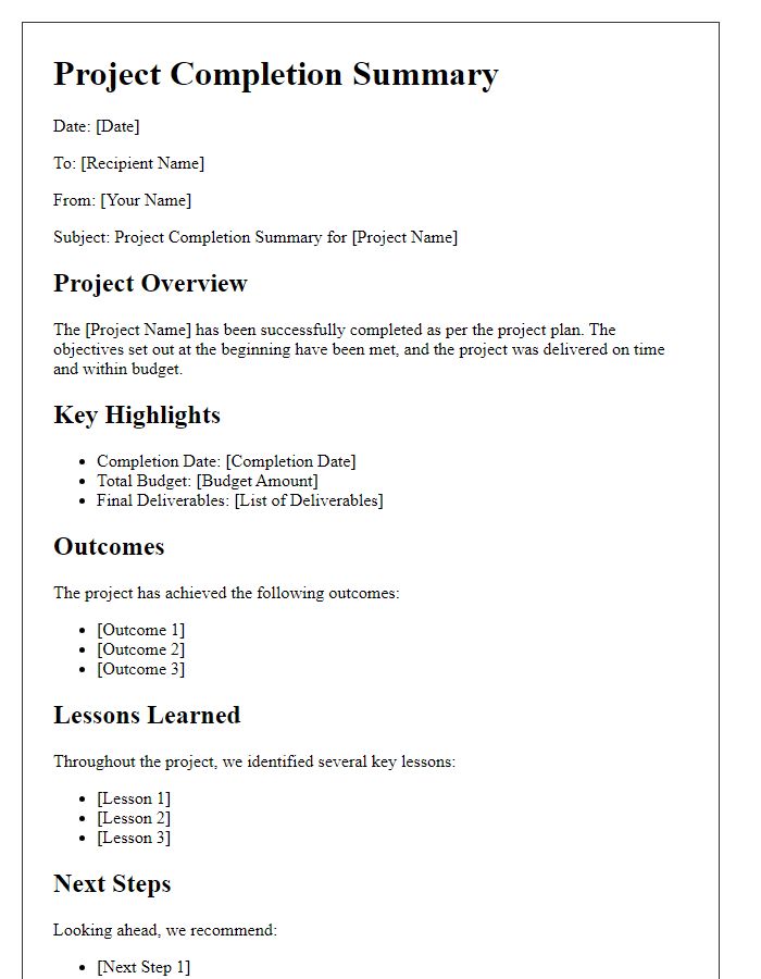 Letter template of project completion summary.