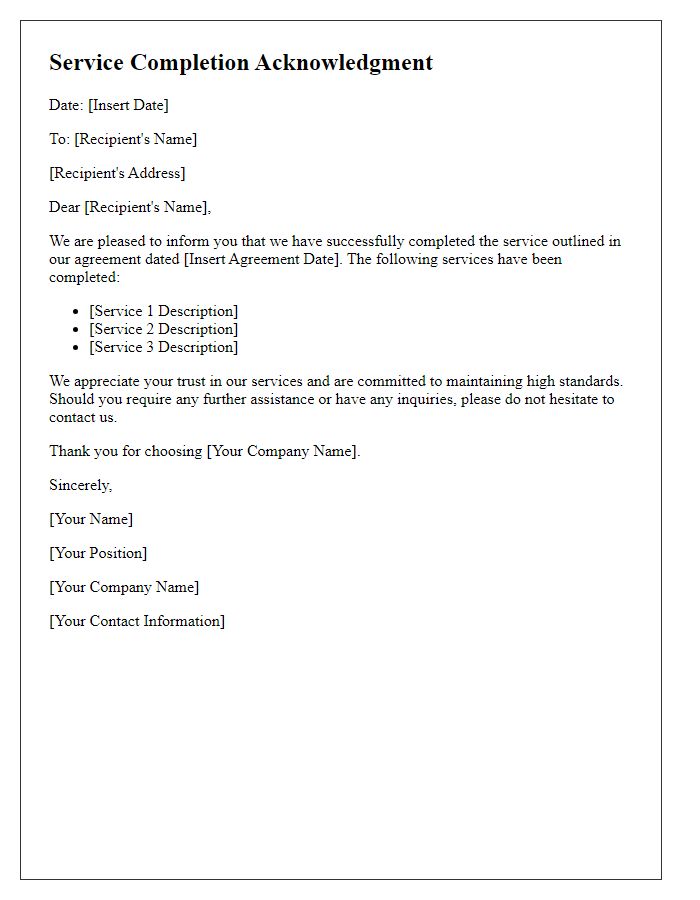 Letter template of service completion acknowledgment.