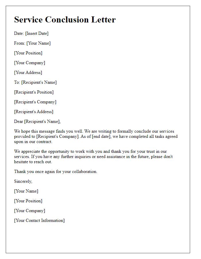 Letter template of service conclusion letter.