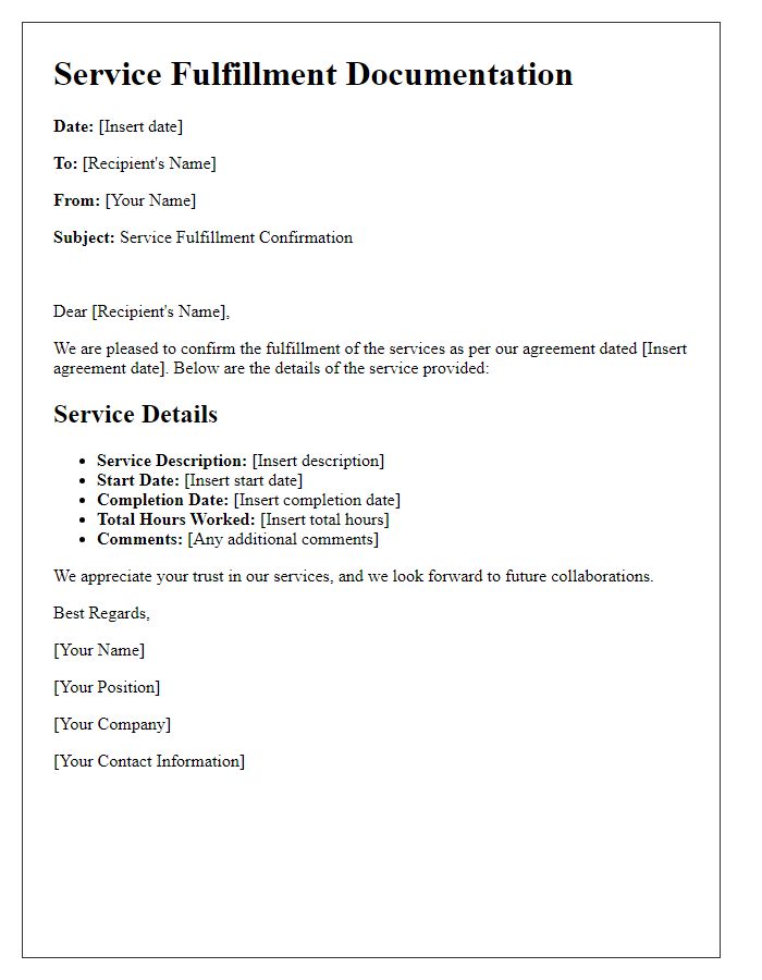 Letter template of service fulfillment documentation.