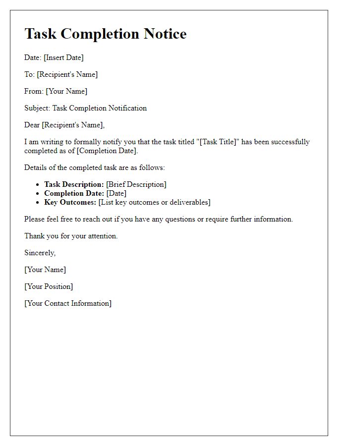 Letter template of task completion notice.