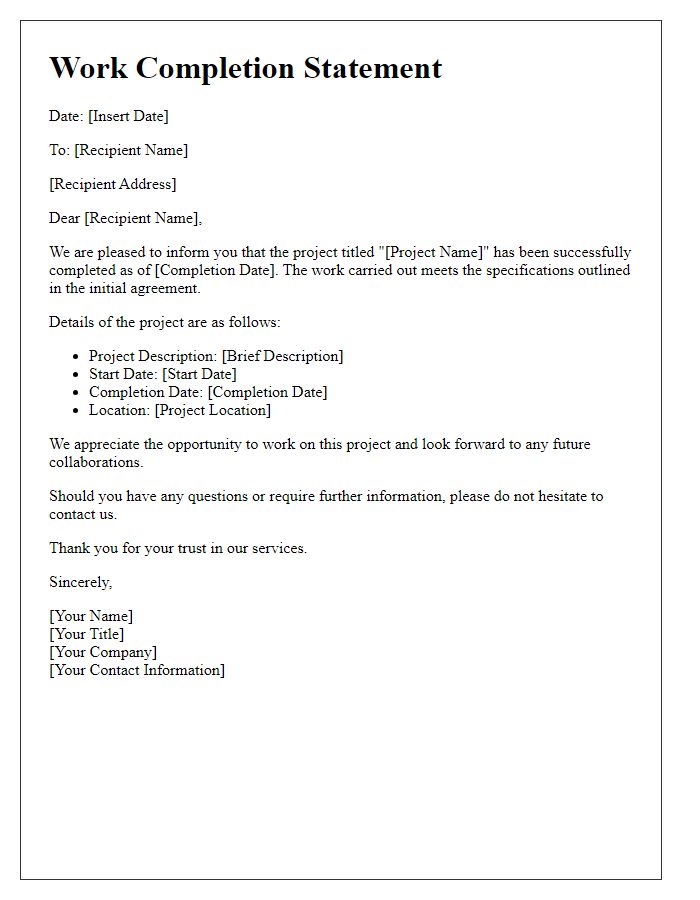 Letter template of work completion statement.