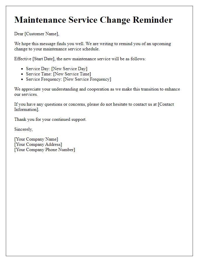Letter template of maintenance service change reminder