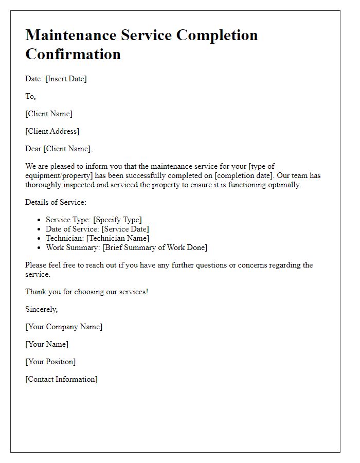 Letter template of maintenance service completion confirmation