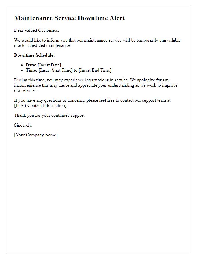 Letter template of maintenance service downtime alert