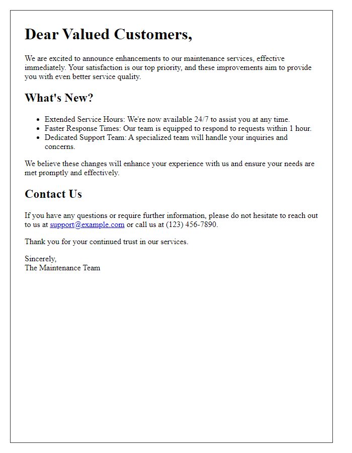 Letter template of maintenance service enhancement announcement