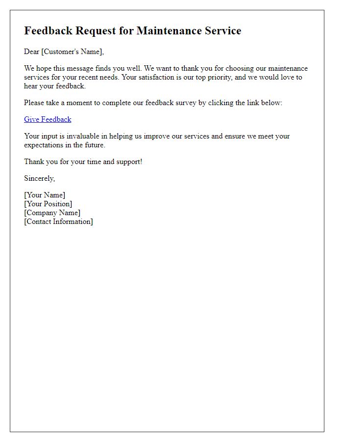 Letter template of maintenance service feedback request