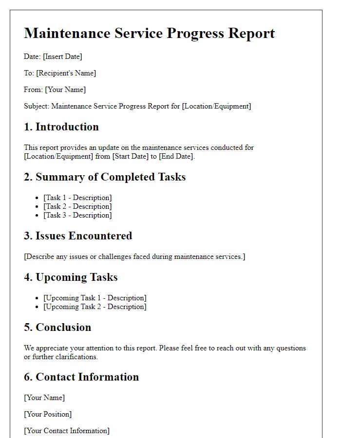 Letter template of maintenance service progress report