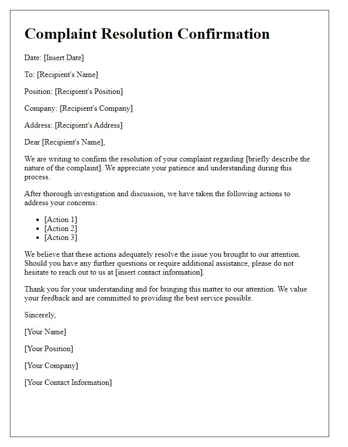 Letter template of complaint resolution confirmation