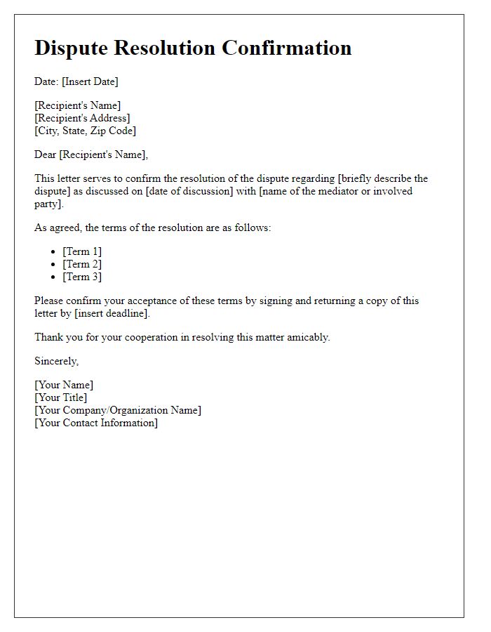 Letter template of dispute resolution confirmation