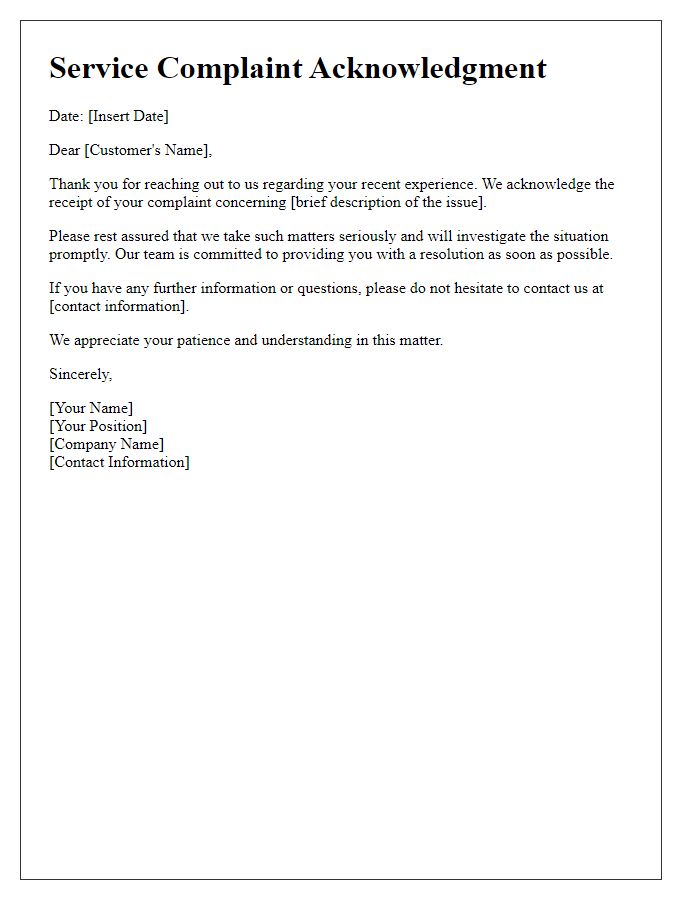 Letter template of service complaint acknowledgment