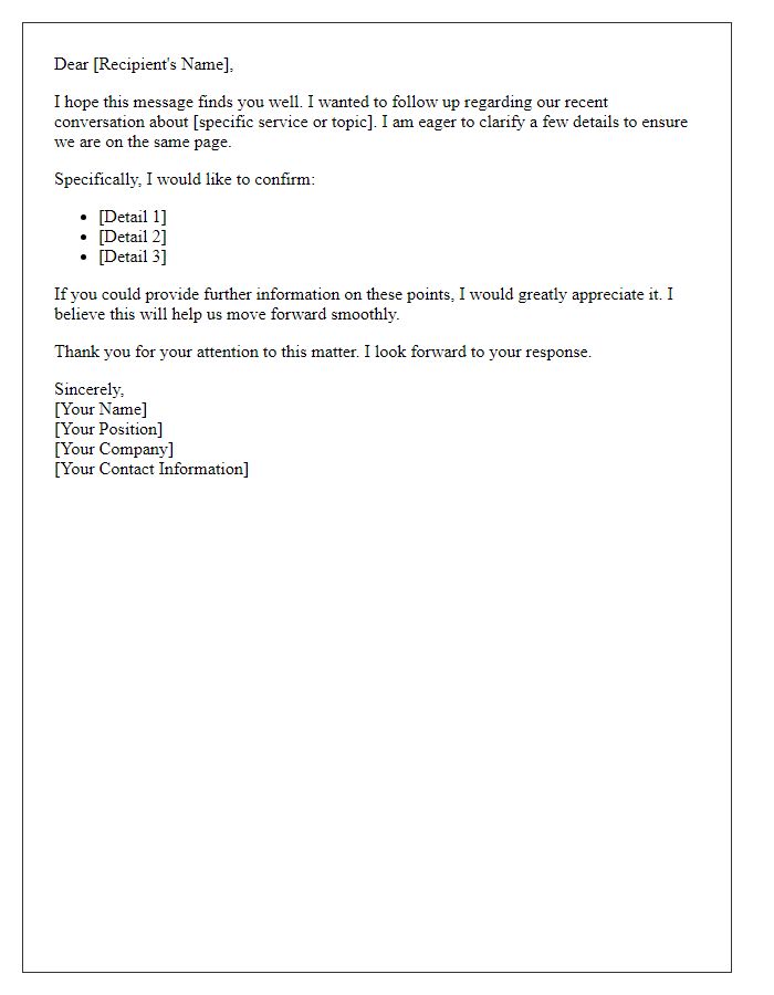 Letter template of follow-up to clarify service details