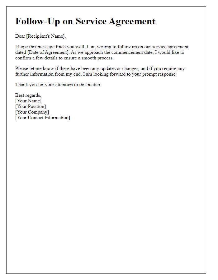 Letter template of follow-up on service agreement
