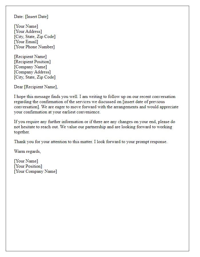 Letter template of follow-up for service confirmation