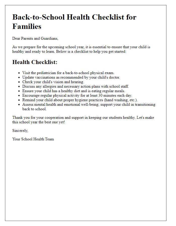 Letter template of Back-to-School Health Checklist for Families