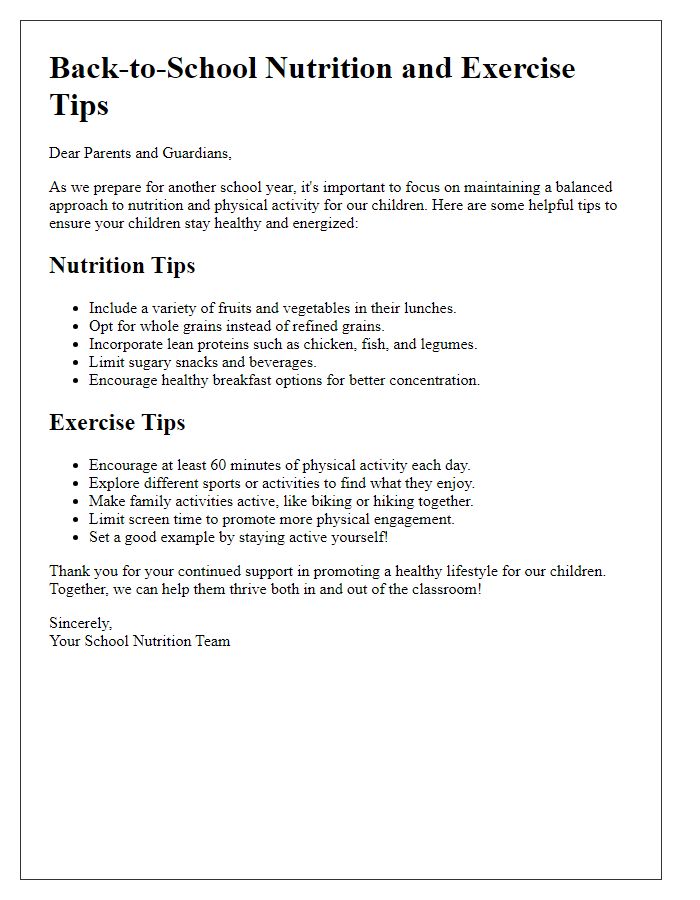 Letter template of Back-to-School Nutrition and Exercise Tips