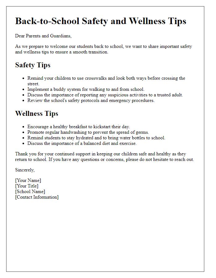 Letter template of Back-to-School Safety and Wellness Tips