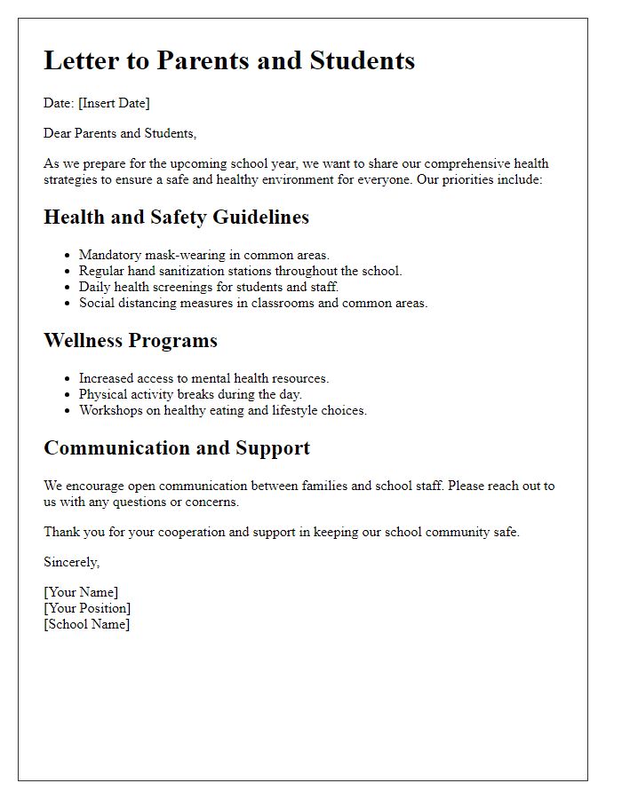 Letter template of Comprehensive Health Strategies for Returning to School